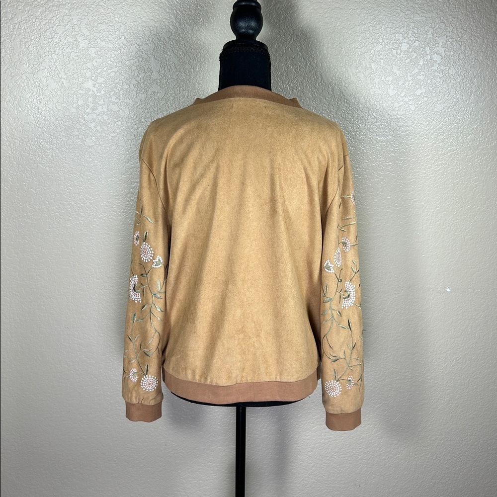 Embroidered Suede Look Jacket Tan Floral Western Boho Moto Style Large - Picture 4 of 6